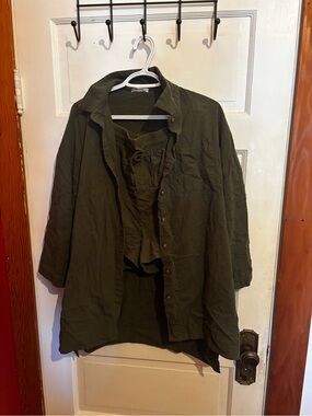 zeagoo Olive Green Casual Button-Up Top and Shorts Set